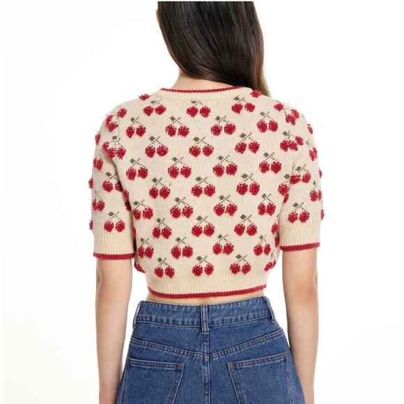 Cider Strawberry Knit Crop Sweater Short Sleeve Cream Red Y2K Cottagecore XL - Picture 8 of 8